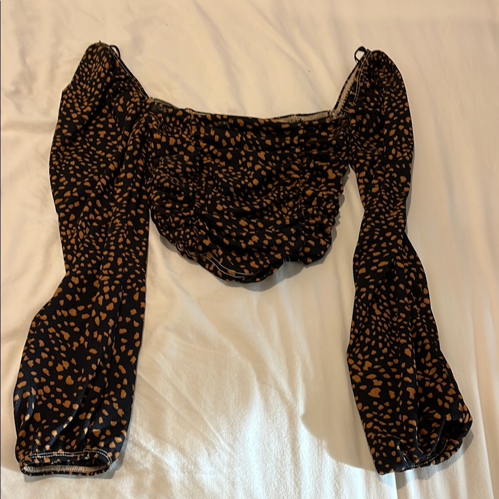 Topshop Black and Brown Puff Sleeve Crop Blouse